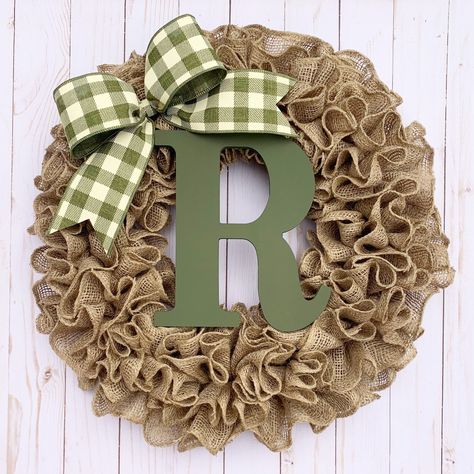 Wreath for Front Door Year Round Burlap Wreath With Initial | Etsy Burlap Wreaths For Front Door, Wreath With Initial, Burlap Wreath Tutorial, Fall Mesh Wreaths, Personalized Wreaths, Farmhouse Outdoor Decor, Tulip Wreath, Year Round Wreath, Rustic Wreath