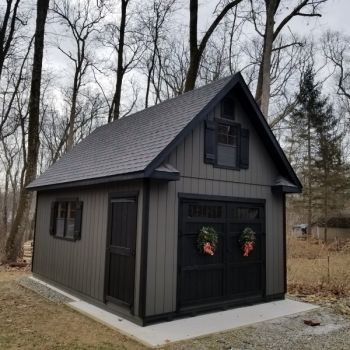 Grey Shed Black Trim, Farmhouse Sheds, Amish Sheds, Yard Sheds, Garage Guest House, Backyard Storage Sheds, Small Garage, Backyard Storage, Shed Building Plans