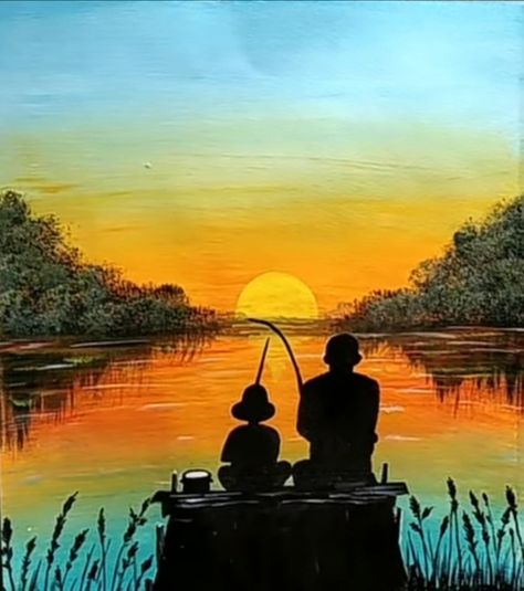 Fishing Canvas Art, Oil Pastel Drawings Easy, Easy Landscape Paintings, Draw Step By Step, Silhouette Painting, Lake Painting, Beautiful Art Paintings, 3d Tattoos, Wood Painting Art