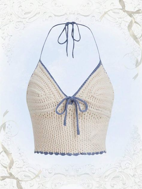 ROMWE Sweetness Contrast Binding Tie Front Halter Knit Top | SHEIN USA Crochet Top Outfit, Granny Square Bag, Outfit Png, Step By Step Crochet, Crochet Summer Tops, Crochet Crop Top, Knit Tops, Summer Crochet, Crochet Fashion