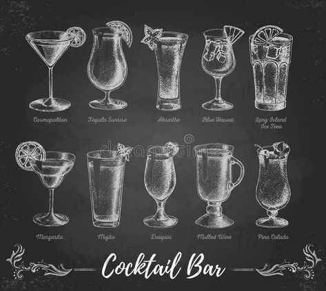 Download Vintage Chalk Drawing Cocktail Bar Menu. Stock Vector - Illustration of design, mojito: 75057612 Cocktails Vector, White Cocktails, Alcoholic Cocktails, Chalkboard Background, Chalk Drawings, Hand Sketch, Chalkboard Art, Chalk Art, Pina Colada