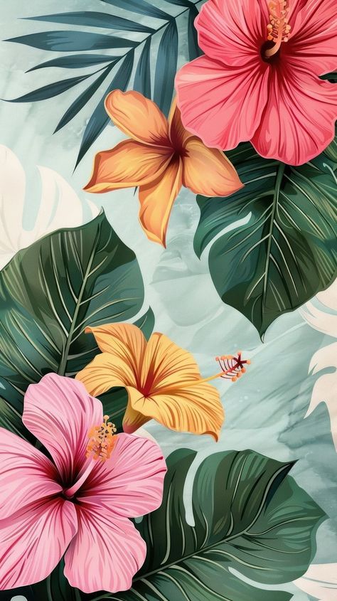 Wallpaper flower bushes hibiscus blossom | Free Photo Illustration - rawpixel Tropical Fruit Painting, Flowers Pattern Illustration, Flower Print Wallpaper, Bag Graphic Design, Tree Leaf Wallpaper, Hawaiian Painting, Hibiscus Drawing, Flower Bouquet Clipart, Bird Mural