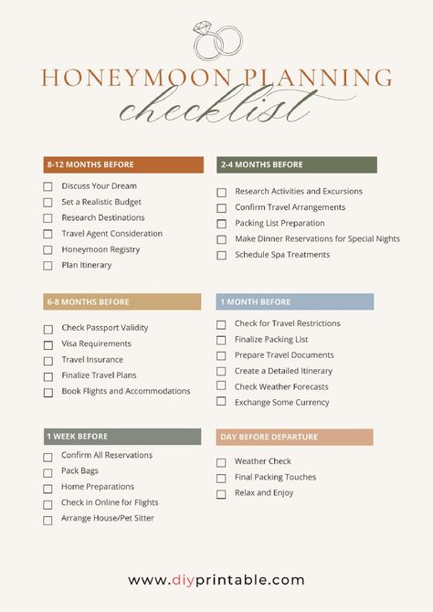 Planning your dream honeymoon? This honeymoon planning checklist helps you stay on track! Organize your future honeymoon plans with a simple honeymoon plans timeline and never miss a detail. Whether it’s a tropical getaway or a European adventure, this guide has all the honeymoon plans ideas you need. Download now and make your honeymoon stress-free! Destination Elopement Checklist, How To Plan A Honeymoon, Honeymoon Planning Checklist, Honeymoon Checklist, Roadtrip Honeymoon, Plan A Day, Honeymoon On A Budget, Honeymoon Tips, Honeymoon Registry