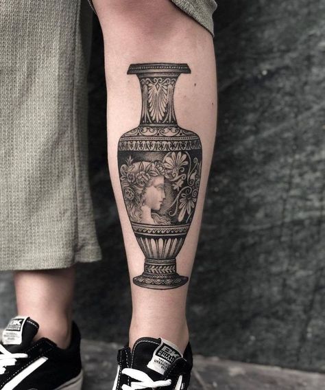 Vase Tattoo, Stick Tattoo, Greek Vase, Man Tattoo, Greek Tattoos, Tattoo Kits, Spine Tattoo, Tattoo Videos, Black Ink Tattoos