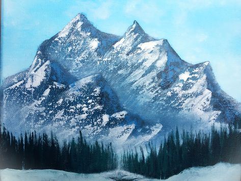 Acrylic painting of snowy mountains and trees. Acrylic Painting Ideas Mountains, How To Paint Mountains On Canvas, Painted Mountains Easy, Painting Ideas Mountains, Mountain Painting Acrylic, Painting Mountains, Acrylic Painting Ideas, Mountain Landscape Painting, Mountain Painting