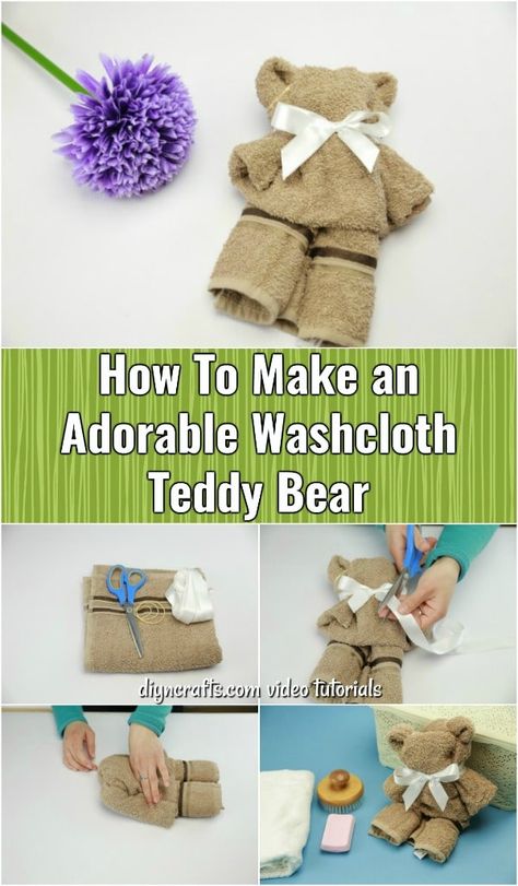 How To Make an Adorable Washcloth Teddy Bear - Learn how to make this adorable DIY washcloth teddy bear. Watch the video tutorial for tips on how to make this great little baby shower gift. Washcloth Teddy Bears, Washcloth Teddy Bear Tutorial, Washcloth Bear Tutorial, Teddy Bear Crafts For Kids, Towel Teddy Bear How To Make, How To Make A Teddy Bear Out Of A Towel, Teddy Bear Washcloth, Teddy Bear Made From Hand Towel, Washcloth Bear