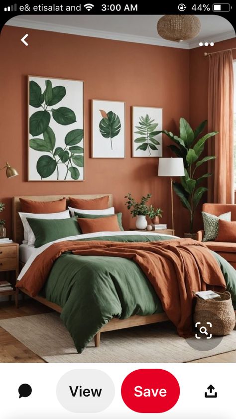 Green And Rustic Orange Bedroom, Rust Orange Accent Wall, Green And Orange Bedroom Ideas, Burnt Orange Apartment, Burnt Orange And Green Bedroom, Green And Rust Bedroom, Green And Burnt Orange Bedroom, Orange And Green Bedroom, Green And Terracotta Bedroom