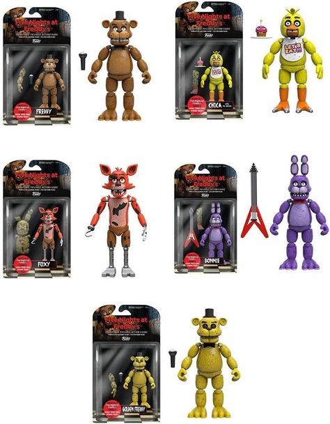 Funko's first action figure set for Five Night's at Freddys is finally here! Set of 5 includes Bonnie, Foxy, Freddy, Gold Freddy and Chica. Each figure includes the pieces needed to build Spring Trap! Officially licensed product from Funko! Fnaf Action Figures, Fnaf Freddy Fazbear, Freddy Toys, Pop Figurine, Fnaf Freddy, Pop Disney, Cartoon Toys, Freddy Fazbear, Toy Figures