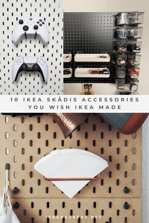 Ikea Uppspel Pegboard, Pegboard Tv Wall, Peg Board Nightstand, Ikea Pegboard Ideas Gaming, Pegboard Charging Station, Skadis Pegboard Hack, Gaming Pegboard Ideas, Skadis Gaming Setup, Skådis Ikea Hack