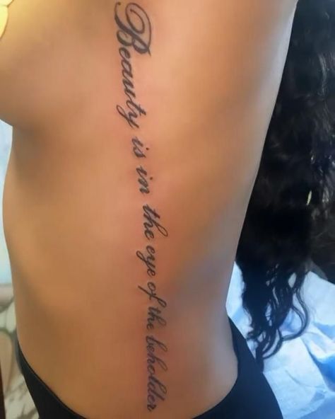 Spine Tattoo Ideas Black Women, Back Cover Tattoo Women, Side Body Tattoos For Women Ribs Words, Cute Spine Tattoos For Black Women, Side Tattoos Black Women, Rib Tattoos For Women Side Tat, Women’s Side Tattoos, Side Tattoo Women, Side Of Stomach Tattoo For Women