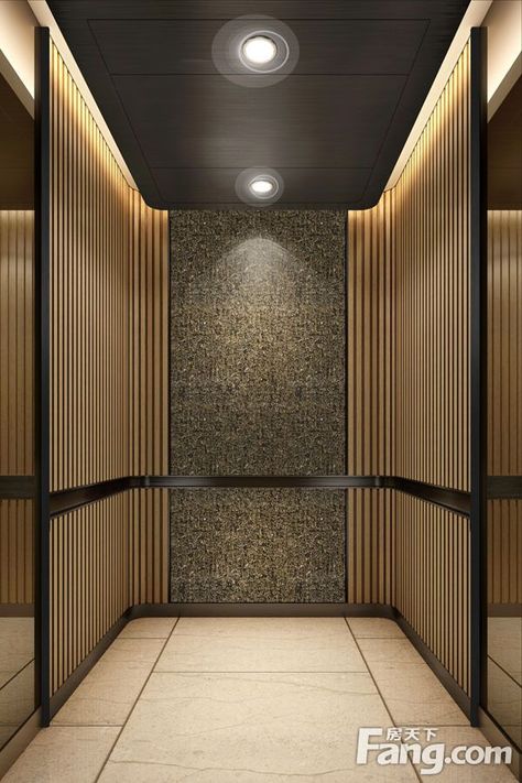 wood slat details in elevator design. Elevator Lobby Design, Blue Tile Wall, Facade Ideas, Lift Lobby, Elevator Interior, Elevator Lobby, Elevator Design, Wooden Facade, Travertine Floors