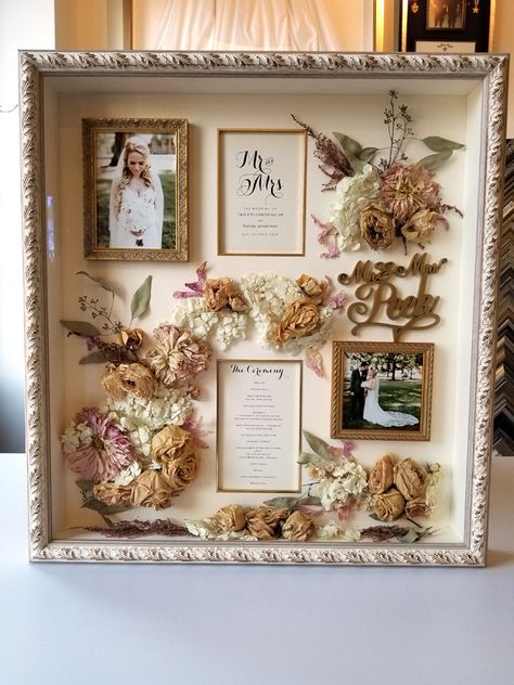 Dried Wedding Bouquet Ideas Diy, Memorial Bouquet Wedding, Shadow Box Wedding Flowers, Wedding Shadow Box Ideas, Shadow Box Memorial, Wedding Preservation, Bouquet Shadow Box, Dried Flowers Diy, Wedding Shadow Box