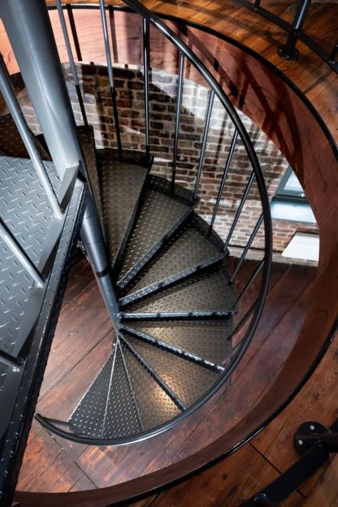 Black Spiral Staircase, Invest Property, Commercial Stairs, Staircase Metal, Corner Shelf Design, Bespoke Staircases, Black Stairs, Old Brick Wall, Iron Staircase