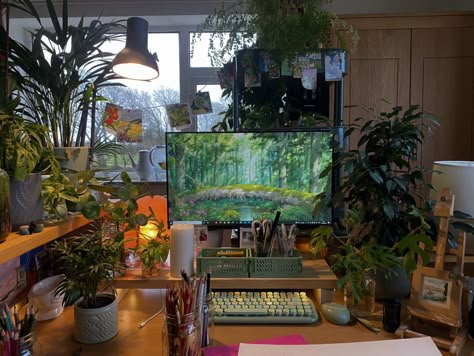 Plants Dorm Room, Dorm Room Vintage, Room Gaming Setup, Bedroom Gaming Setup, Room Bedroom Aesthetic, Greenery Aesthetic, Lamp Drawing, Technology Aesthetic, Room Gaming