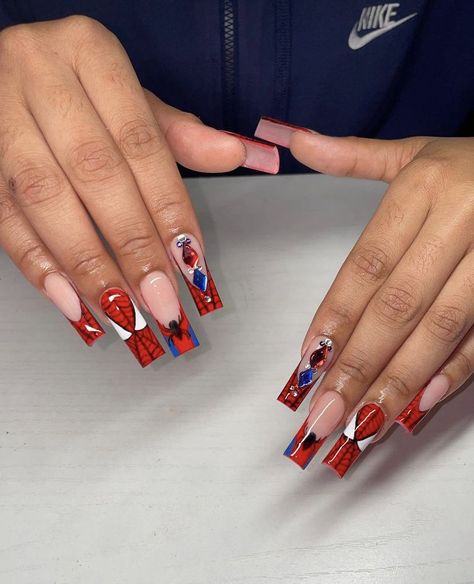 The latest nail style trend to hit Instagram is a creative way to celebrate the season. Users are uploading images of nails painted to look like the knit sweaters that are perfect for this time of the year.  . Spiderman Nail Designs, Marvel Nails, Lace Nails, Colored Acrylic Nails, Nails Only, Long Square Acrylic Nails, Acrylic Nails Coffin Short, Short Acrylic Nails Designs, Pink Acrylic Nails