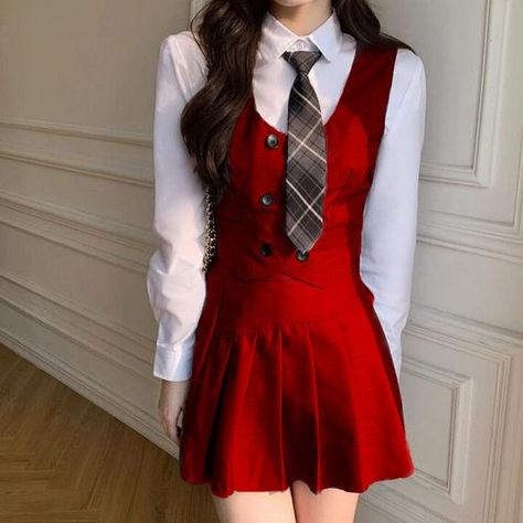 Red School Uniform Aesthetic, Red Uniform Aesthetic, Red School Uniform, Red Uniform, Red And Black Outfits, Korean School, School Uniform Fashion, School Uniform Outfits, Outfit Korean