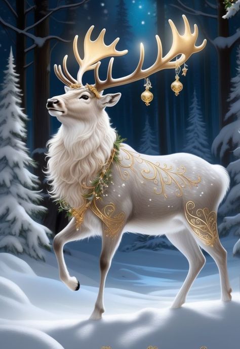 Christmas Fantasy Art, Christmas Phone Wallpapers, Deer Artwork, Woodland Animal Art, Deer Illustration, Mythical Creatures Fantasy, White Deer, Christmas Artwork, Christmas Phone Wallpaper