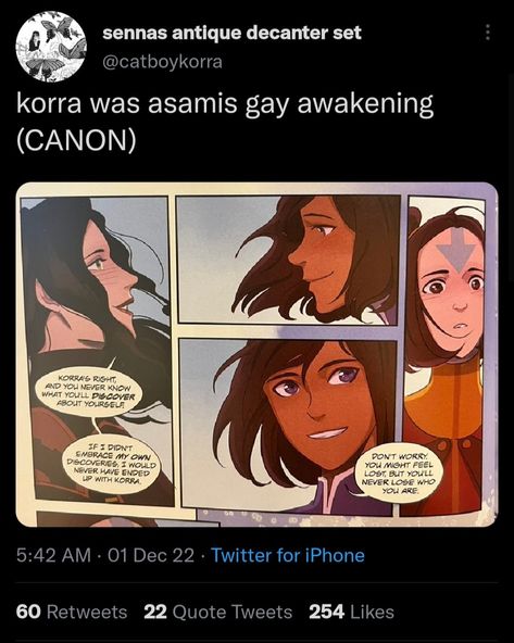 [Comic was from Patterns in Time] I just know that at one point Asami wondered why she did a lot to be on Korra's good side (like inviting her to her mansion, the race track) despite Korra's initial animosity towards her. Why she stuck around and spent more time with the Avatar even after that whole thing with Mako. And then came that italicized 'oh.'" Legend Of Korra Mako X Wu, Legend Of Korra Mako, Kora And Asami, Korra X Asami, Korra Comic, The Avatar, Lgbt Rights, Legend Of Korra, The Race