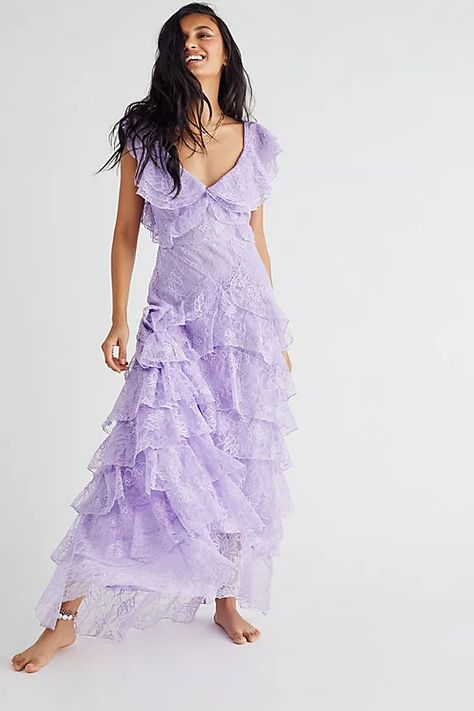 Boho Formal Dress, Purple Lace Maxi Dress, Tulle Outfit, Tiered Gown, Sau Lee, Prom Dresses Boho, Lavender Dresses, Lace Prom Dress, Prom Dress Inspiration