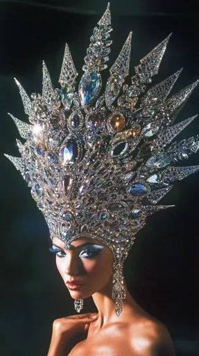 ↑↑↑ Larger size on website 🔸 A woman with dark hair and dramatic makeup wears a large, elaborate headpiece adorned with rhineston Elaborate Headpiece, Woman With Dark Hair, Rhinestone Bodysuit, Artsy Dress, Jewerly Art, Queens Tiaras, Luxury Closets Design, Designer Runway, Dramatic Makeup