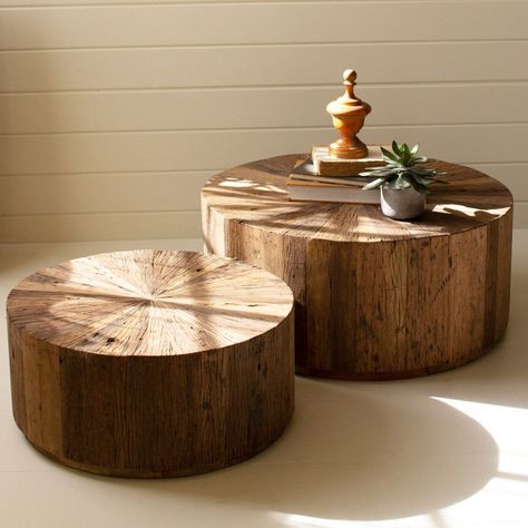 Recycled Wood Round Coffee Table Set of 2 Small Wood Coffee Table, Mission Style Decorating, Wood Round Coffee Table, Coffee Table Set Of 2, Round Wooden Coffee Table, Round Coffee Table Sets, Wood Coffee Table Rustic, Organic Living Room, Round Coffee Tables