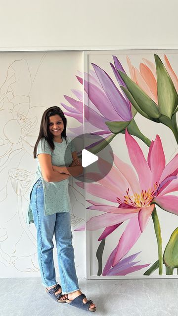 Lotus Wall Painting, Hand Painted Wardrobe, Beautiful Bedroom Furniture, Photography Tattoo, Sliding Shutters, Tattoo Love, Door Design Modern, Living Room Partition, Living Room Partition Design