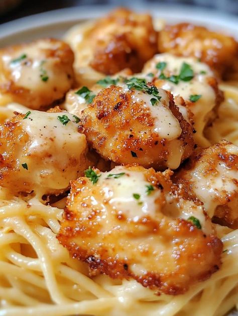 Garlic Butter Chicken Bites with Creamy Parmesan Pasta - recipeshub Creamy Parmesan Pasta, Creamy Cheesy Pasta, Garlic Butter Chicken Bites, Butter Chicken Bites, Food Embroidery, Pasta With Chicken, Flavorful Dinner, Parmesan Pasta, Cheesy Pasta