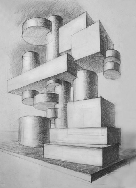 Geometric Shapes Drawing, 3d Geometric Shapes, Composition Drawing, Shadow Drawing, Perspective Drawing Lessons, Building Drawing, Interior Design Sketches, Design Basics, Industrial Design Sketch