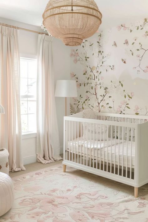 nursery ideas baby room baby nursery neutral Nursery With Wallpaper Accent Wall, Wallpaper On Ceiling Nursery, Whimsical Baby Girl Nursery, Bridgerton Nursery Ideas, Girls Nursery Wallpaper, Baby Girl Nursery Theme Ideas, Elegant Baby Girl Nursery, Expensive Nursery, Bridgerton Nursery