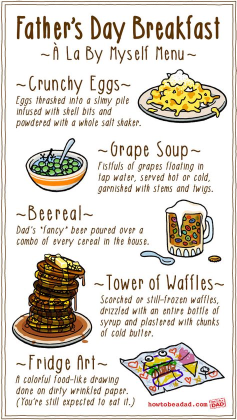 A Fathers Day breakfast menu created by young kids wouldn't exactly be fine cuisine. Haha! Father Day Breakfast Ideas, Breakfast Ideas Fathers Day, Father's Day Breakfast Recipes, Father’s Day Breakfast, Menu For Father’s Day, Fathers Day Menu Ideas, Fathers Day Breakfast, Funny Holidays, Kids Breakfast