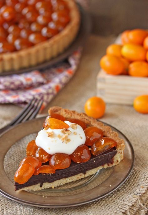 Chocolate Tart with Candied Kumquats | SugarHero.com Candied Kumquats, Grapefruit Dessert, Hazelnut Dessert, Kumquat Recipes, Sugar Cookie Cakes, Fun With Food, Baking Measurements, Sugar Pie, Flourless Chocolate Cakes