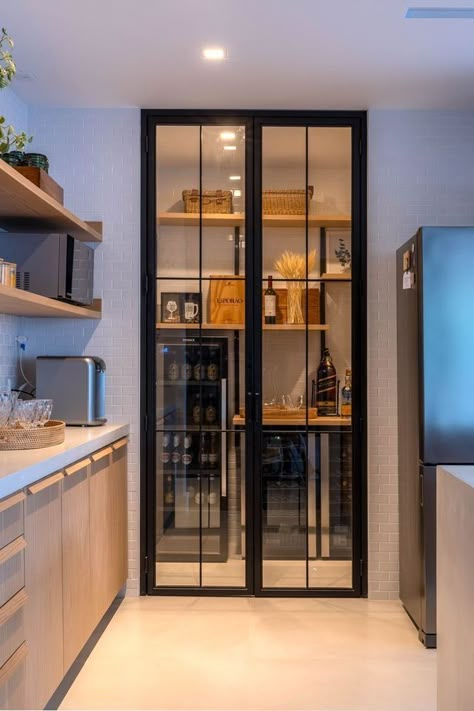 Desain Pantry Dapur, Glass Door Pantry, Desain Pantry, Pantry Room, Kitchen Pantry Design, Kitchen Interior Design Decor, Butler Pantry, Pantry Ideas, Pantry Design