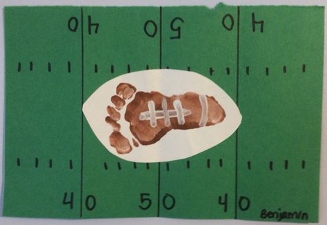 Football footprint, baby art. Football Infant Craft, Football Infant Art, Football Crafts For Infants, Football Footprint Art, Sports Crafts For Infants, Football Footprint Craft, Footprint Football, October Infant Crafts, 2024 Artwork