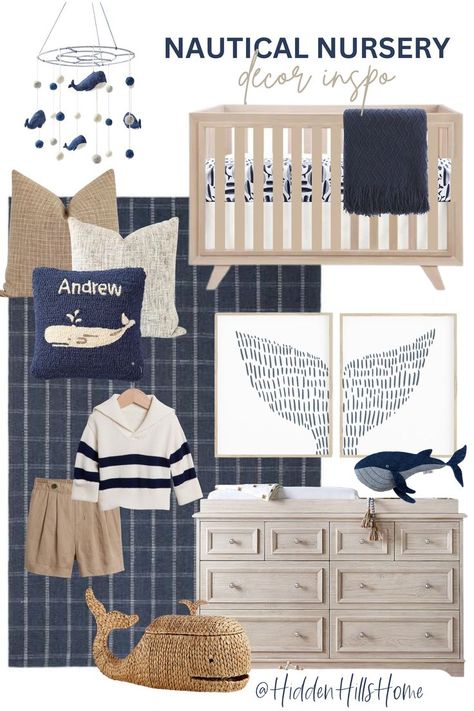 Nautical Nursery inspiration design board Navy White Nursery, Navy Blue Nursery Furniture, Nursery With Navy Accents, Nautical Nursery Wallpaper, Steel Blue Nursery, Navy And Beige Nursery, Subtle Nautical Nursery, Navy And White Nursery, Navy Nursery Furniture