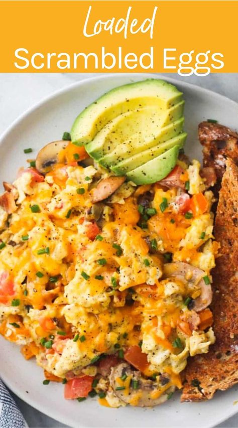 These loaded scrambled eggs are packed with veggies, cheese and bacon. Made with simple ingredients this is a hearty and delicious breakfast or brunch recipe. You can customize this recipe with your favorite protein & veggies.  #scrambledeggs #brunch #breakfastrecipe Best Eggs Scrambled, Loaded Omelette Recipe, Scramble Recipes, Loaded Scrambled Egg Recipes, Scrambled Eggs Ideas, The Best Scrambled Eggs, Eggs For Brunch, Loaded Scrambled Eggs, Veggie Scramble