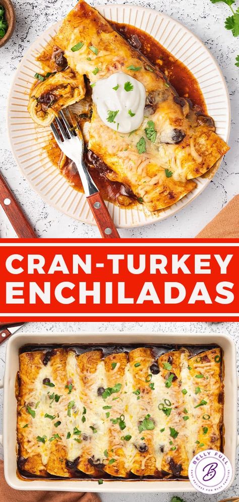 These Cranberry-Turkey Enchiladas are the absolute best use of Thanksgiving leftovers with a crazy delicious Mexican twist! Southwestern Thanksgiving, Mexican Thanksgiving, Cranberry Turkey, Southwestern Recipes, Turkey Enchiladas, Turkey Leftovers, Shredded Turkey, Recipe Using Chicken, Cranberry Chicken