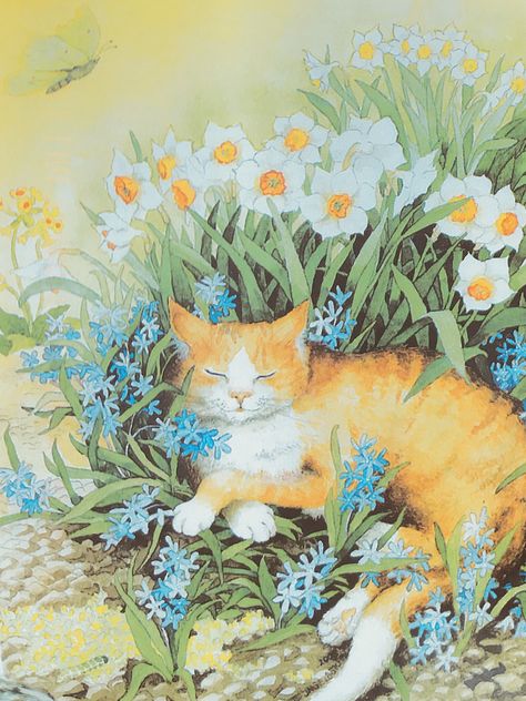 https://flic.kr/p/2iYVort | Cat Card by Inge Look | Postcard with picture of a painting of a cat in a garden by artist Inge Look.  Sent by a Postcrosser in Finland to thank me for something that I had sent to her. Cats In Garden, Cat In Garden, Cat Flower Painting, Cat In Garden Drawing, Cat In Nature Painting, Cats And Flowers Painting, Cat In Flowers Painting, Cats And Plants Illustration, Cat In Garden Painting