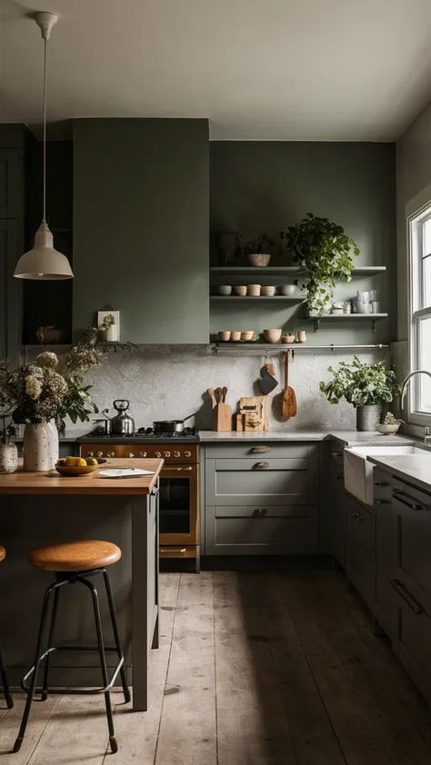 Green Beige Kitchen, Grey And Green Kitchen, Green And Grey Kitchen, Jade Green Kitchen, Gray Green Kitchen, Moody Spaces, Kitchen Ideas Green, Luxurious Kitchen Design, Olive Green Kitchen