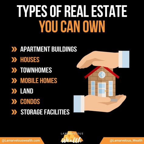 @LamarvelousWealth posted to Instagram: Types of Real Estate you can own! Have you thought about owning Real Estate? Comment Down Below! Follow @lamarvelous_wealth for more business and wealth tips! #business#businesslife#businesstips#businessminded#enterprenuership#entrepreneurlife#startup#businessideas#branding#networking#entrepreneurspirit #entrepreneurmotivation #entrepreneursofinstagram #creativebusinessowner #businessgrowth #businesssuccess #entrepreneurmindset #beyourownboss#businesso Types Of Real Estate, Leader Quotes, Wealth Mindset, Dividend Investing, Creative Business Owner, Mental Strength, Entrepreneur Motivation, Income Ideas, Entrepreneur Mindset