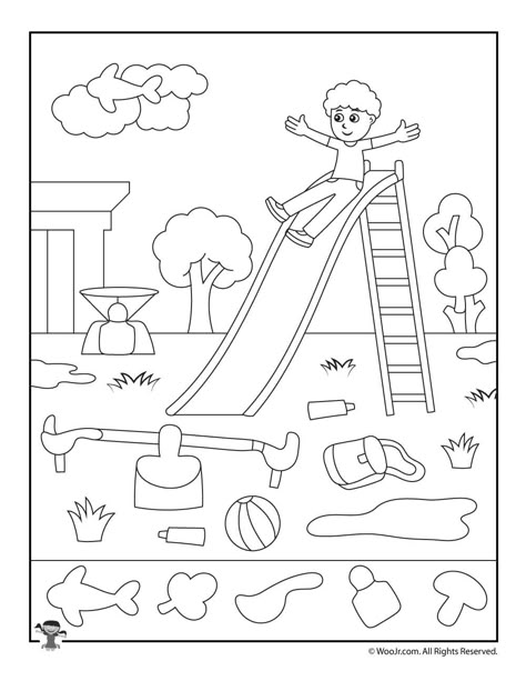 School Playground Hidden Picture Game | Woo! Jr. Kids Activities Printable Hidden Pictures, Hidden Pictures Printables, Hidden Picture Games, Drawings To Color, Game Drawing, Playground Activities, Play Ground, Preschool Colors, School Playground