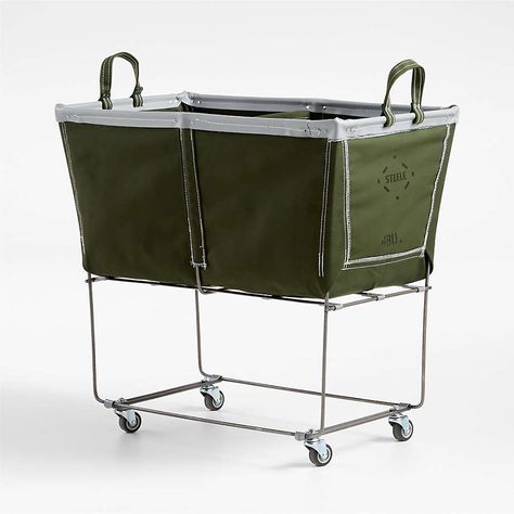 Steele Olive 4-Bushel Divided Sorter Rolling Laundry Hamper + Reviews | Crate & Barrel Steele Canvas, Laundromat Business, Laundry Items, Pet Washing Station, Canvas Basket, House Laundry Room, Hanging Drying Rack, Pta Ideas, Green Laundry