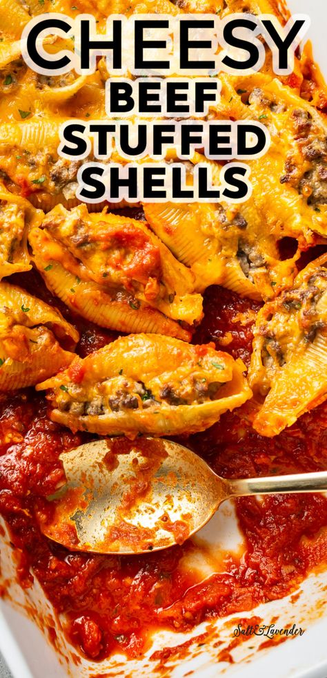 Stuffed Shells With Marinara Sauce, Cheesy Beef Stuffed Shells, Spaghetti Stuffed Shells, Stuffed Shells With Red Sauce, Jumbo Shells Recipe Beef, Easy Jumbo Shells Recipe, Stuffed Shells With Ground Beef Easy, Stuffed Jumbo Pasta Shells Easy Recipes, Recipes Using Large Pasta Shells