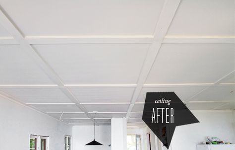 Here is another look at the raw sagging plywood that was the ceiling when we first bought the place. It is also the first thing that we tackled when we arrived this trip. I picked out some 1x4s from good ole menards that we cut to size and then we trimmed out, caulked, and painted the ceiling. … Ceiling Tiles Basement, Plywood Ceiling, Basement Ceiling Options, Ceiling Options, Cabin Renovation, Sarah Sherman, Ceiling Painting, Sarah Sherman Samuel, Basement Makeover