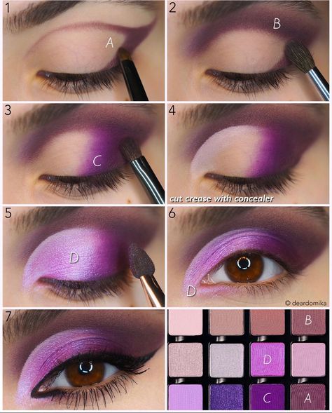 Easy Eyeshadow For Beginners Colorful, Violet Eyeshadow, Purple Eye Makeup Tutorial, Purple Eyeshadow Looks, Maquillage Yeux Cut Crease, Pretty Eye Makeup, Makeup Pictorial, Beginners Eye Makeup, Purple Eye Makeup