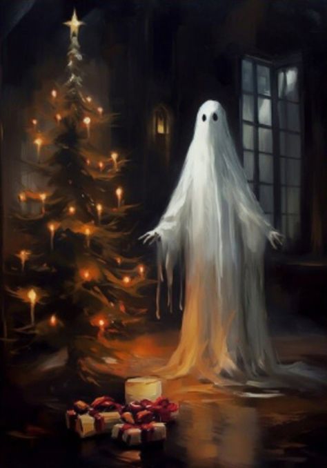 Ghost Christmas Wallpaper, Winter Ghost, Sheet Ghosts, Glass Child, Ghost Paintings, Ghost Aesthetic, Halloween Shadow Box, Scary Christmas, Christmas Ghost