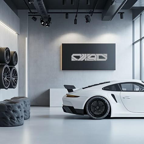 Car Care Logo, Garage Carport Ideas, Porsche Showroom, Porsche Garage, Cars Showroom, Car Studio, Car Showroom Design, White Garage, Architect Office