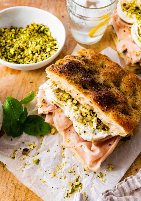 Mortadella Sandwich Recipe with Pistachio Pesto and Burrata - CucinaByElena Mortadella Recipe, Pesto And Burrata, Deli Meat Sandwiches, Mortadella Sandwich, Picky Bits, Foccacia Bread, Pistachio Pesto, Italian Sandwich, Meat Sandwich