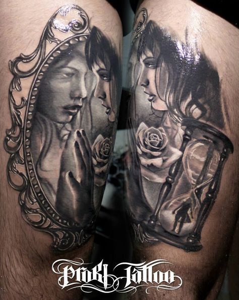 Tattoo of a woman looking in mirror. The hourglass and rose are a nice touch. Good And Evil Tattoos, Reflection Tattoo, Mirror Tattoo, Reflection Drawing, Mirror Tattoos, Inner Bicep Tattoo, Hourglass Tattoo, Evil Tattoos, Lion Head Tattoos