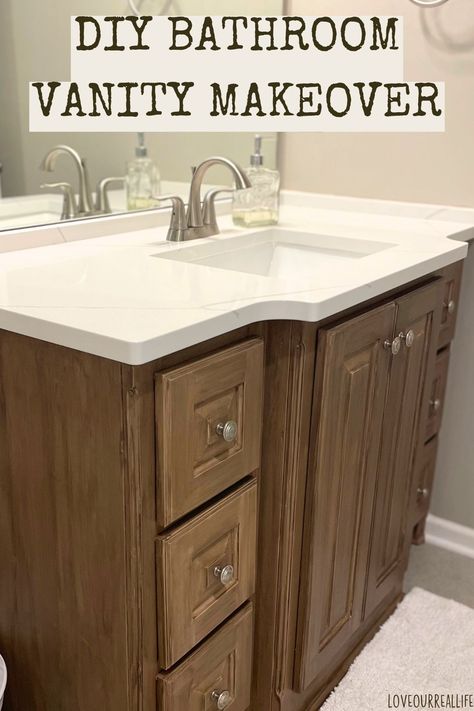 bathroom cabinet makeover. Painting A Vanity, Single Vanity Bathroom Ideas, Diy Vanity Makeover, Refinished Vanity, Diy Bathroom Vanity Makeover, Bathroom Cabinet Makeover, Painted Vanity Bathroom, Vanity Backsplash, Faux Wood Finish