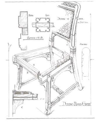 Design for Dining Room Chair, Plate 11, "Gothic Forms," Bruce James Talbert. Exploded View, Dining Room Chair, Room Chairs, Ghost Chair, Dining Room Chairs, Dining Room, Furniture, Home Decor, Design